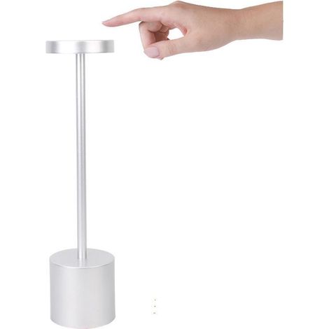 Lampe de table argentée rechargeable sans fil, 3600 mAh, LED, rechargeable par USB, 3 modes d'éclairage, idéale pour la table de chevet, l'extérieur, la terrasse ou un restaurant. (1/5)