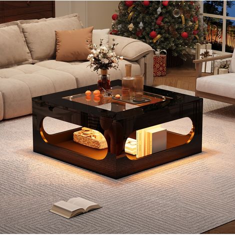 Table basse carrée 70x70x35 cm avec LED et plateau en verre trempé ajouré, noir, pour appartement et hôtel (1/5)