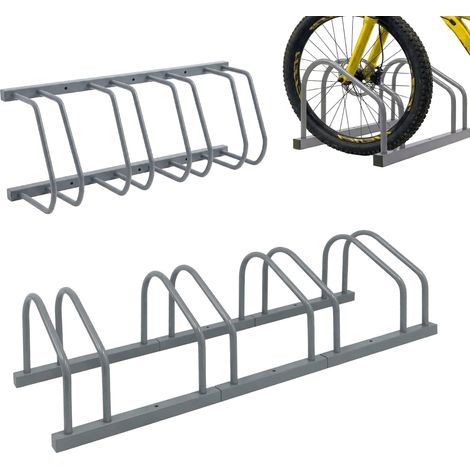 Support vélos, montage sol/mur, 4 vélos, pneus ≤65 mm, garage/cour, rangement en ligne, acier, argent (1/5)