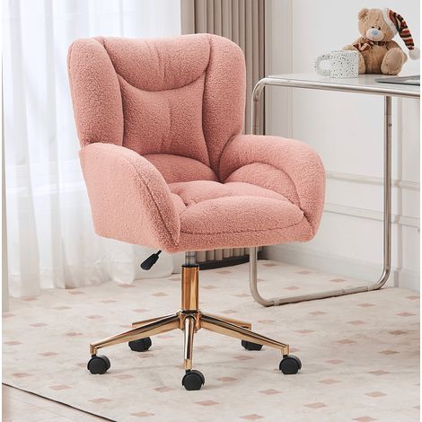 Sedia girevole da ufficio in teddy rosa con base in metallo dorato, altezza regolabile e ruote 360° (1/5)