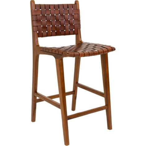 Chaise de bar 45,5x46x101 cm en teck et cuir marron (1/5)