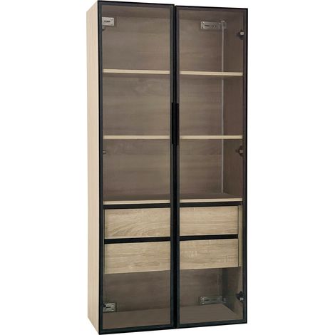 Armario alto de baño en MDF natural 74 x 36 x 155 cm con LED, 2 cajones y 2 puertas de vidrio (1/5)