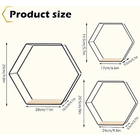 Set of 3 Hexagonal Metal Wall Shelves, Metal Wire Storage Shelves Display Racks Hanging Shelf for Living Room, Office, Bedroom, Bathroom (Black) (1/3)