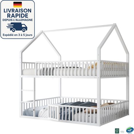 MODFU - Litera de metal 140×200cm, cama infantil para adolescentes, diseño en forma de casa, anticaídas, sin colchón, color blanco (1/5)