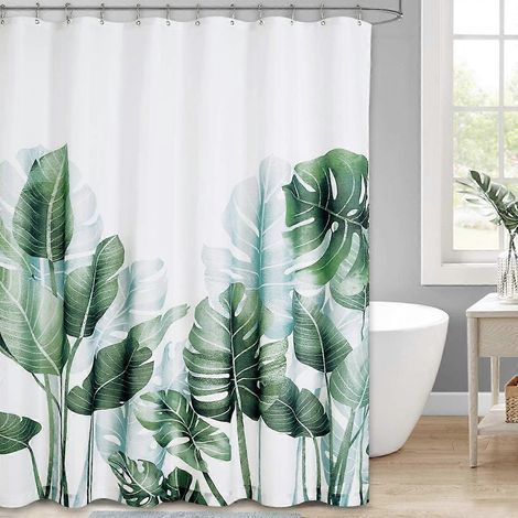 Rideau de douche avec crochets, motif de feuilles de palmier tropicales et de plantes vertes, tissu imperméable et résistant aux moisissures, 180 x 200 cm (1/4)