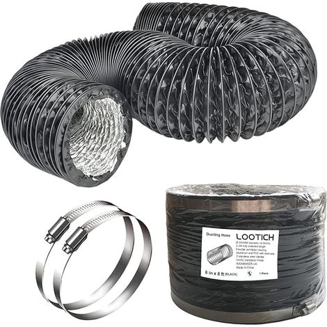 Flexible PVC Aluminium Ventilation Pipe Ventilation Sheath Diameter 204 mm x 2.5 m for Bathroom Kitchen Dryer with 2 Black Steel Hose Clamps (1/5)