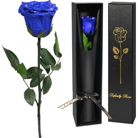 Rose Eternelle Cadeau Femme,Vraie Rose avec Tige Cadeau Maman, Fleur Eternelle Cadeaux Anniversaire Femme,Fleur Préservée en Coffret Cadeaux Maman Noel Saint-Valentin Fete des Meres,Rose Bleue (1/5)