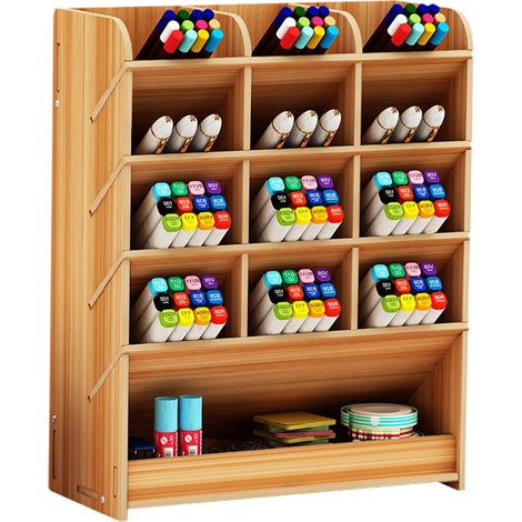 Support Stylo Bois - 21 x 9,2 x 25,5 cm - 12 Compartiments + 1 Tiroir - Organiseur Bureau Stationnerie - 1 Pièce (1/5)