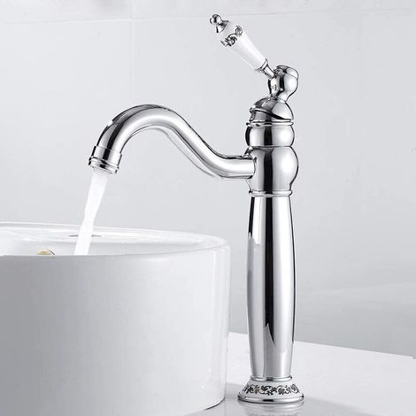 Hoher Waschbecken-Wasserhahn im Vintage-Stil, Messing, Einhebelmischer, antiker Badezimmer-Wasserhahn, Einhebelmischer mit Blumenmuster, mit heißen und kalten Schläuchen erhältlich (Silber) (1/5)