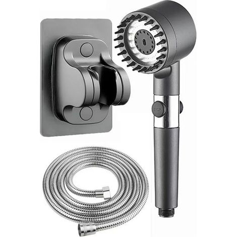 Pommeau de douche anticalcaire, pommeau de douche haute pression avec flexible de douche de 1,5 m et support de douche, douchette à main avec 4 modes de jet, gris clair (1/5)