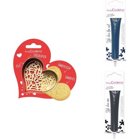 Kit pour biscuit en relief Coeur + 2 Stylos au chocolat bleu nuit et noir (1/3)