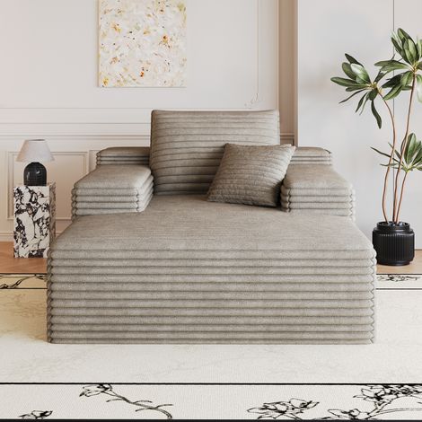 Canapé moelleux en velours côtelé camel, 115x159 cm, assise spacieuse, méridienne, convertible sans cadre, garnissage mousse, prêt à l'emploi, compact pour salon, chambre ou studio (1/5)