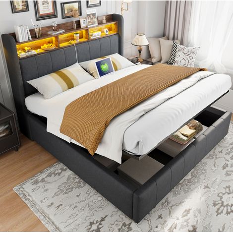 Letto contenitore imbottito in lino grigio, 160x200 cm, con illuminazione a LED, porta USB-C e vano contenitore, rete a doghe inclusa. (1/5)