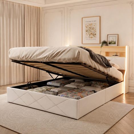 Lit coffre 160x200 cm avec LED RGB, Tête de lit avec Rangement, Rangement Hydraulique et Séparateur en Bois Massif, Sommier à lattes, PU, Blanc (1/5)
