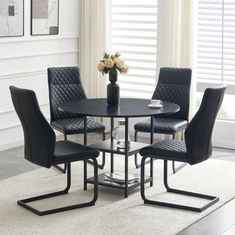 Ensemble table ronde 107 cm double étagère + 4 chaises diamant noires. Structure MDF et métal style industriel pour foyer européen. (1/5)