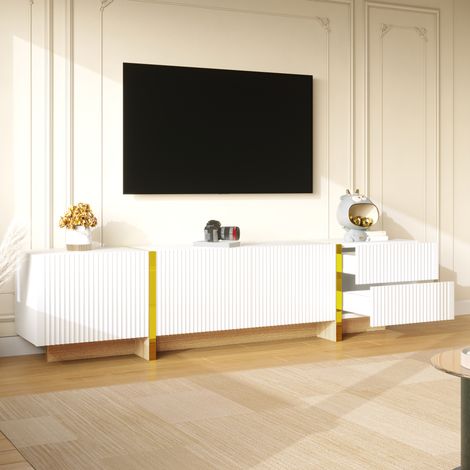 Meuble TV 190 cm, blanc et doré, 3 portes, 2 tiroirs, finitions effet bois, meuble de salon élégant, rangement pour téléviseur et accessoires (1/5)