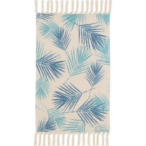 Tapis à franges avec pompons, moquette en polyester-coton imprimé coloris beige-bleu - Longueur 80 x Profondeur 50 cm (1/3)