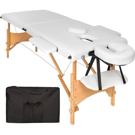Table de massage blanche pliable en bois avec réglage de hauteur et accoudoirs. (1/5)