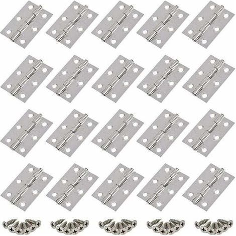 20pcs Charnières en Acier Inoxydable,Charnière de Porte,Trous de Charnière Plats Pliants,Charnière de Tiroir d'Armoire,Connecteurs de Charnière de Fenêtre,Charnière d'Armoire Bote Argent,avec 20 Vis G (1/5)
