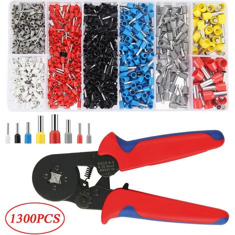Kit de sertissage pour embouts de fil AWG 23-7, pince à sertir à cliquet auto-ajustable avec 1 300 cosses de 0,25 à 10 mm². (1/5)