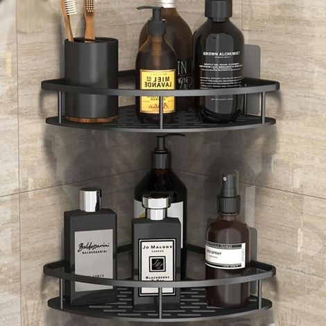 Étagère douche sans perçage 2 pièces, étagère angle salle bain, panier douche, noir YYV (1/4)