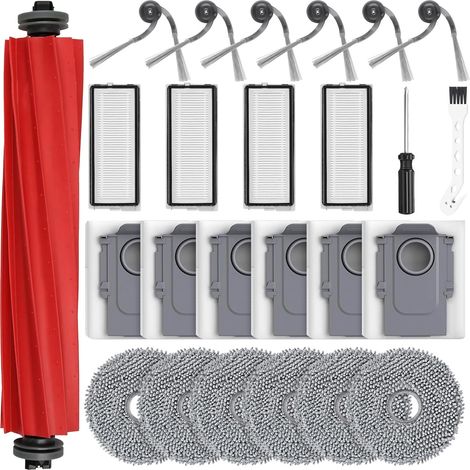 25 Stück Zubehör für Roborock QV35A QV35S QR598 QR798 Saugroboter  1 Hauptbürste, 6 Staubbeutel, 4 Filter, 6 Wischpads, 6 Seitenbürsten, 1 Reinigungsbürste, 1 Schraubendreher