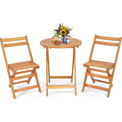 3 Pieces Folding Patio Bistro Set Wooden Table and Chairs with Slatted Tabletop (1/5)