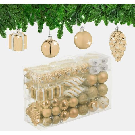 Boules de Noël, Lot de 72, en Plastique, Ornements de Sapin, cœurs, Bottes, Pommes de pin, Couleur Champagne (1/5)