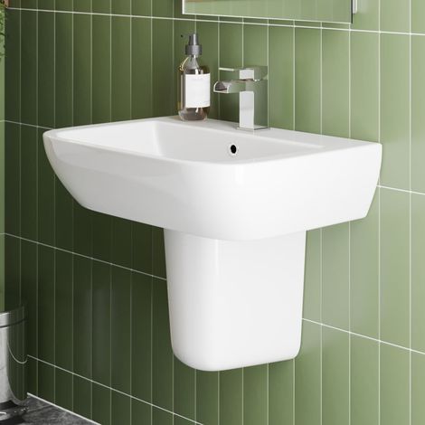 1 Tap Hole Wash Basin Sink Semi Pedestal Bathroom Square Ceramic White Gloss (1/5)