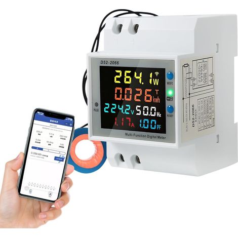WiFi Compteur d'Énergie Monophasé, 6 en 1 Compteur Electrique Wattmetre Wifi LCD Voltmètre Ampèremètre Numérique pour Rail DIN Compteur KWh AC40-300V 100A(CT externe) (1/5)