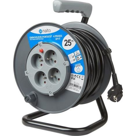 Enrouleur électrique 25m 3G1.5 mm2 – 4 prises 2P+T – Protection thermique – Intensité 16A – Indice de protection IP20 – Nalto