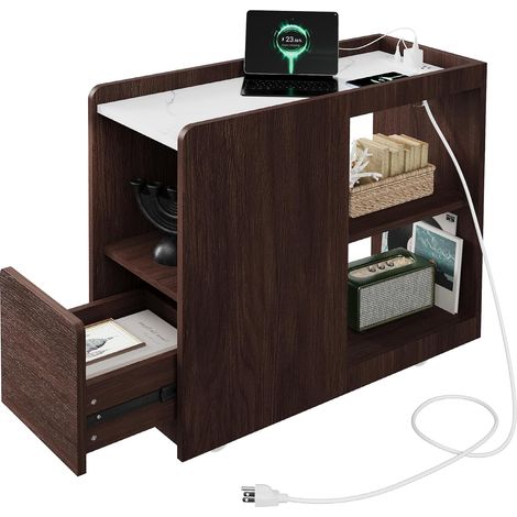 Table de Chevet avec Station de Charge USB-C, Tiroir et Roulettes, Marron foncé (1/5)