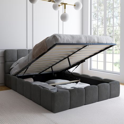 Cama de matrimonio NUAGE con cabecero acolchado y somier de terciopelo gris de 140 x 190 cm