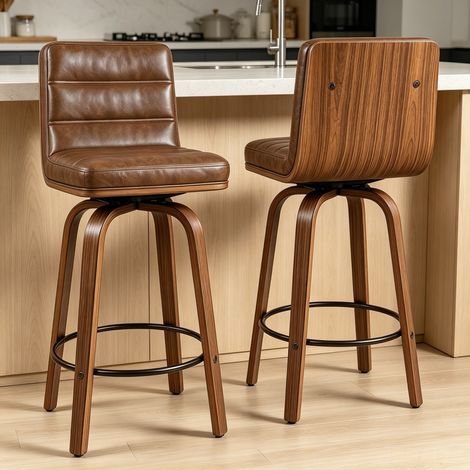 Tabouret de bar pivotant en PU avec pieds en bois courbés, 40 x 48 x 90 cm, marron rouille (1/5)