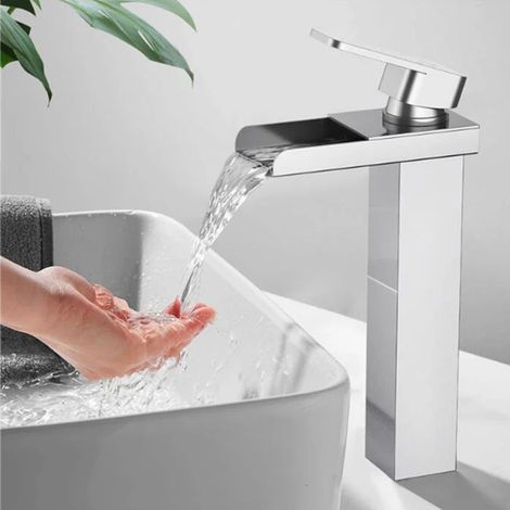 Mitigeur de lavabo – Bec cascade haut, inox chromé – Cartouche céramique (1/5)