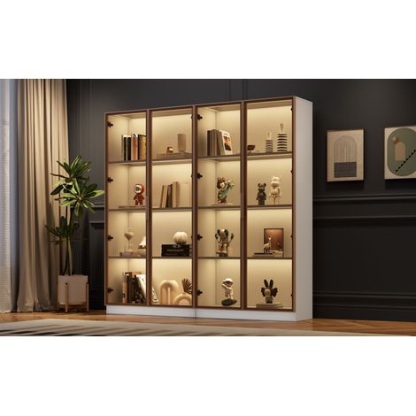 Ensemble 2 vitrines verre blanc à éclairage LED portes articulées étagères mobiles 80x40x160 cm,armoire autoportante pour salon et salle de bain.