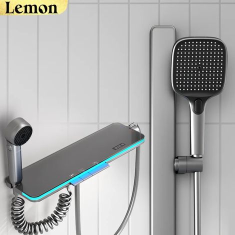 Ensemble de douche thermostatique intelligent (gris anthracite) avec boutons piano, éclairage d'ambiance, effet cascade et affichage numérique. (1/5)