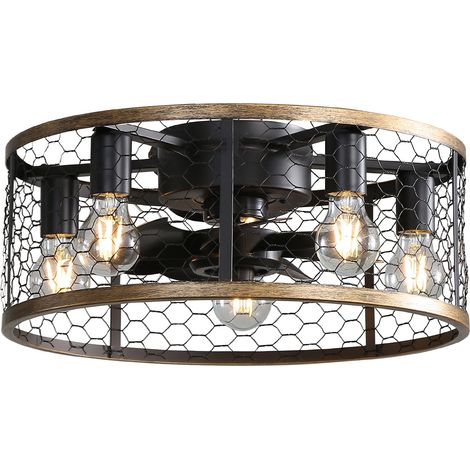 Industrieller Käfig-Deckenventilator (50 cm) – 7 ABS-Flügel – 5 Leuchtmittel – 6 Windgeschwindigkeitsstufen – Fernbedienung – Reversibler Gleichstrommotor – Kleiner Einbau-Deckenventilator – Schwarz
