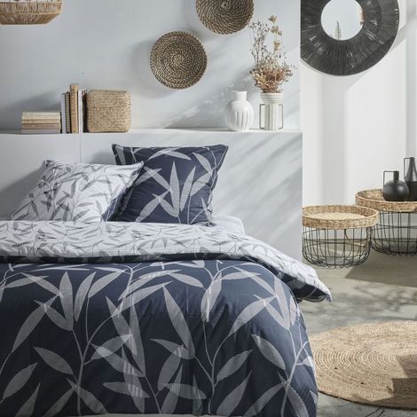 Parure de lit 3 pièces 240x220 cm coton imprimé bambou blanc et marine (1/4)
