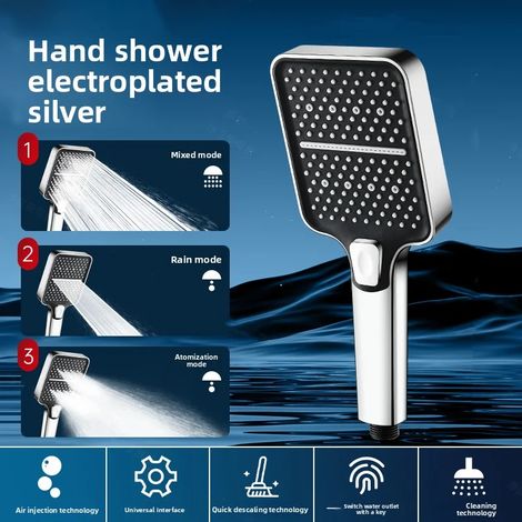 Pommeau de douche (argenté), pressurisation par injection d'air, pour un détartrage rapide. (1/2)