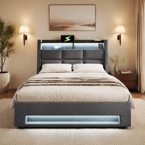 FLORAGRACE Lit rembourré 90x200 cm en lin gris avec USB et LED, rangement relevable (1/5)