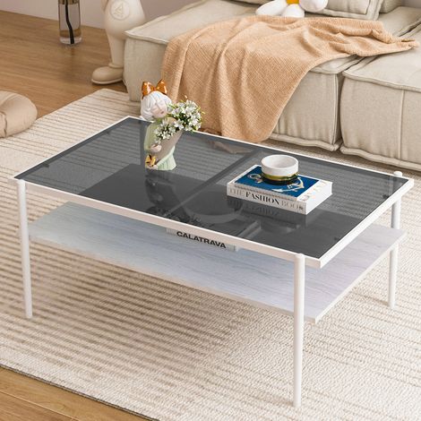 Mesa de centro rectangular de vidrio templado, patas de metal, 97,5 x 61,5 x 45 cm, gris y blanco (1/5)