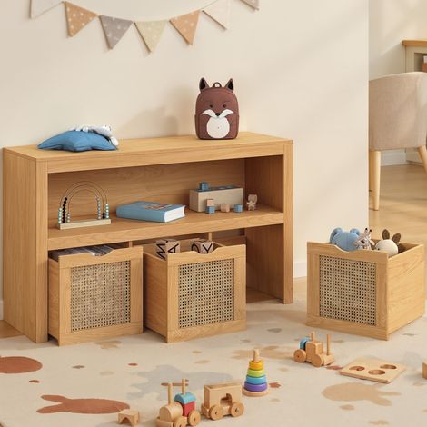 Mueble de almacenaje infantil EDHEN de madera y caña con 3 cajones cúbicos con ruedas