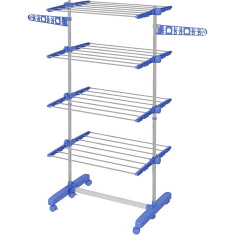 Blue Four-Shelf Collapsible Clothes Drying Rack with Side Arms and Wheels for Easy Mobility and Convenient Drying
