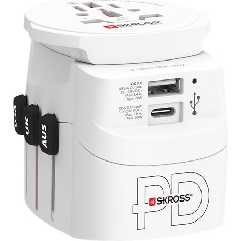 SKROSS - PRO LIGHT USB AC30PD - WORLD - ADAPTATEUR DE VOYAGE UNIVERSEL 3 PÔLES POUR LE MONDE AVEC CHARGEUR USB PD À CHARGE RAPID (1/4)