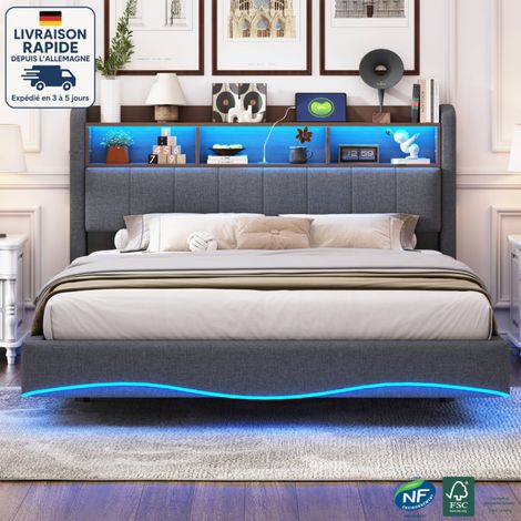 Lit double adulte, tissu lin, tête de lit avec rangement ouvert, LED, USB, sans matelas, gris, 160x200cm (1/5)