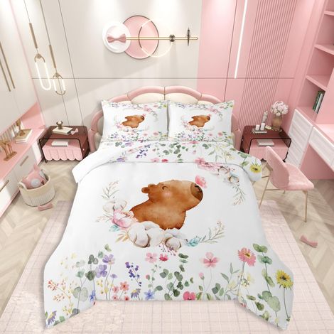 Parure de lit aquarelle avec housse de couette 135 x 200 cm, motif animal, fleurs colorées, papillon rose, motif kawaii, plantes botaniques et plantes blanches (fermeture éclair) (1/5)