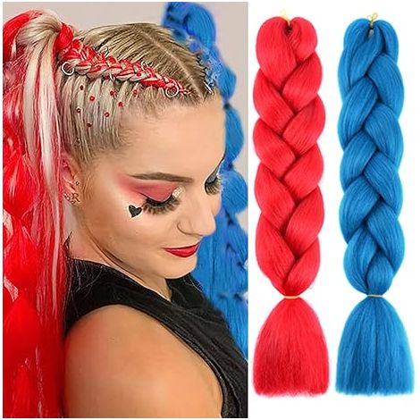Extensions de cheveux rouges et bleues pour tresses, extensions colorées de 60 cm (24 pouces), mèches jumbo ombrées, fibres synthétiques haute température, tresses torsadées pour femmes et filles (1/5)