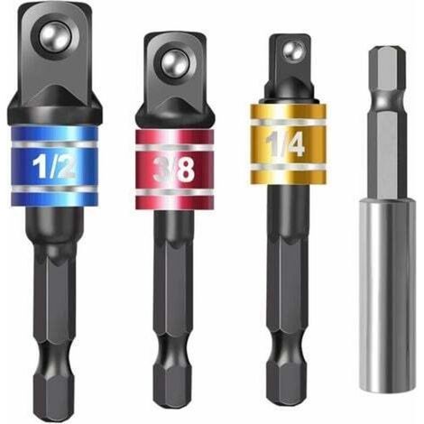 Lot de 4 tourne-écrous magnétiques, perceuse à percussion à tige hexagonale 1/4\", adaptateurs de douilles à chocs, porte-embouts et sac de rangement (1/5)