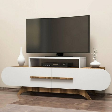 Meuble Porte, Buffet de Salon, Armoire Basse pour TV, Base Murale équipée, 145 x 37 h50 cm, Noyer et Blanc (1/5)